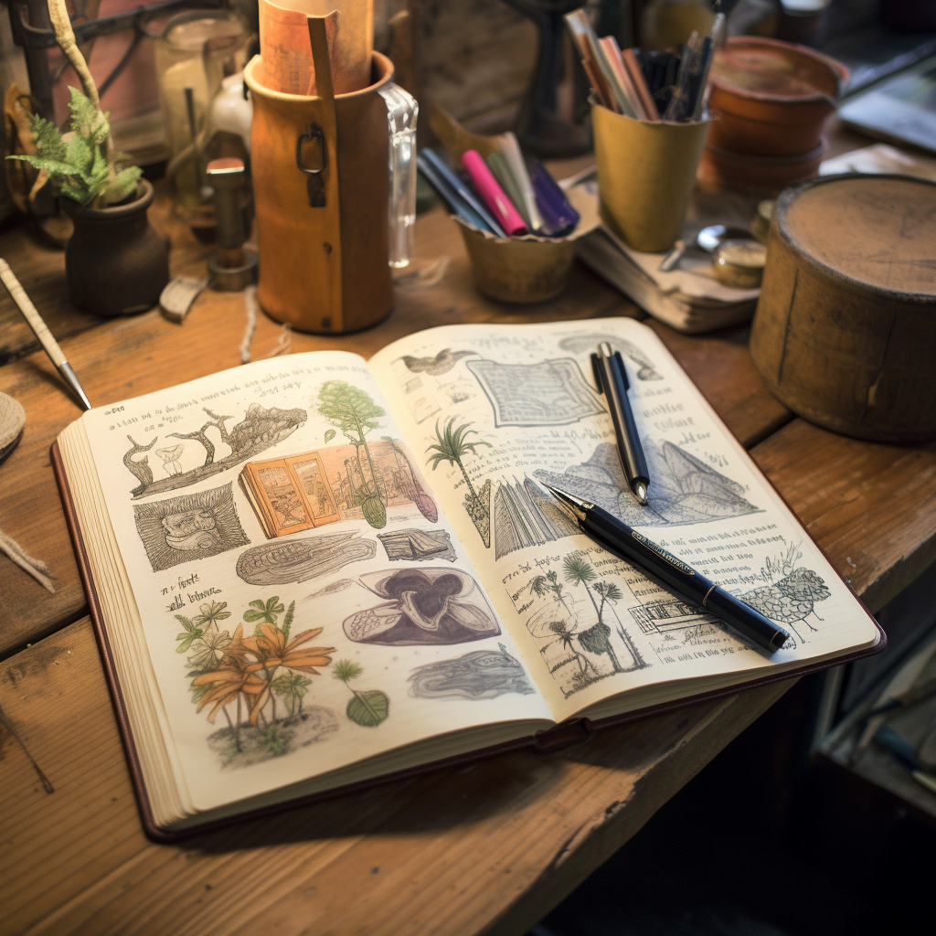 A sketchbook lies open on a rustic wooden table. The pages are filled with puns written in elegant calligraphy, surrounded by doodles and illustrations that playfully depict the puns' meanings. A fountain pen rests atop the sketchbook, symbolizing the ongoing creation of humorous content