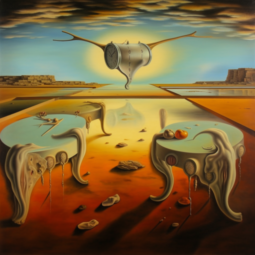 A striking image of Salvador Dali's "The Persistence of Memory," with its iconic melting clocks draped over a barren landscape, the unsettling yet intriguing tableau captures the viewer's attention, embodying the very essence of Surrealism.