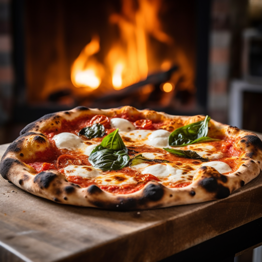 A tantalizing image of a freshly-baked Pizza Napoletana. The pizza sits against the rustic backdrop of a traditional Neapolitan pizzeria, with the wood-fired oven visible in the background. The vibrant red of the tomato sauce, the creamy white of the buffalo mozzarella, and the fresh green basil leaves create a visual feast that mirrors the delectable dish itself