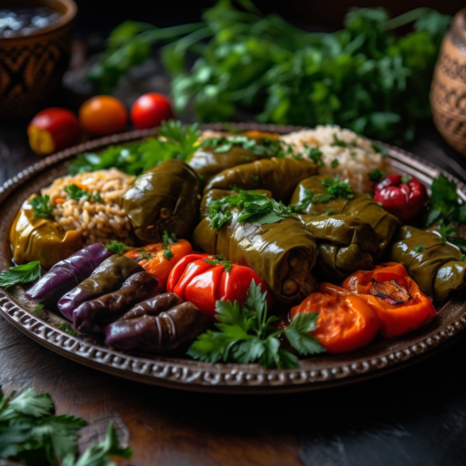 A vibrant and colourful image of a platter of assorted dolma. Vine leaves filled with rice and minced meat sit alongside stuffed bell peppers, tomatoes, and aubergines. A sprinkle of fresh parsley adorns the dish, adding a touch of green. The dolmas are placed on a traditional patterned ceramic plate, symbolizing the rich cultural heritage behind this delectable dish