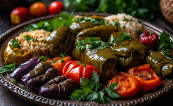 A vibrant and colourful image of a platter of assorted dolma. Vine leaves filled with rice and minced meat sit alongside stuffed bell peppers, tomatoes, and aubergines. A sprinkle of fresh parsley adorns the dish, adding a touch of green. The dolmas are placed on a traditional patterned ceramic plate, symbolizing the rich cultural heritage behind this delectable dish