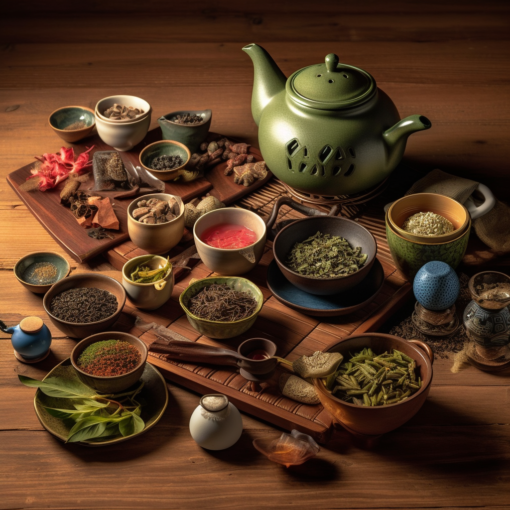 A vibrant, photorealistic image showcasing an array of tea varieties from around the world. The image comprises a Chinese Yixing clay teapot, a Japanese matcha set, a British teapot with accompanying teacups, and an Indian 'chai' kettle, each with their respective tea leaves. The elements are arranged tastefully on a rustic wooden table, with soft, warm lighting highlighting the colors and textures. The picture embodies a sense of unity in diversity, much like the world of tea itself.