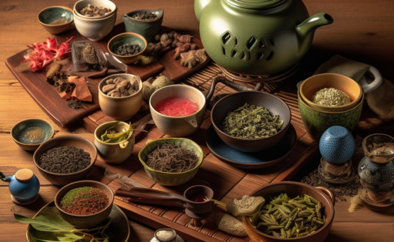 A vibrant, photorealistic image showcasing an array of tea varieties from around the world. The image comprises a Chinese Yixing clay teapot, a Japanese matcha set, a British teapot with accompanying teacups, and an Indian 'chai' kettle, each with their respective tea leaves. The elements are arranged tastefully on a rustic wooden table, with soft, warm lighting highlighting the colors and textures. The picture embodies a sense of unity in diversity, much like the world of tea itself.