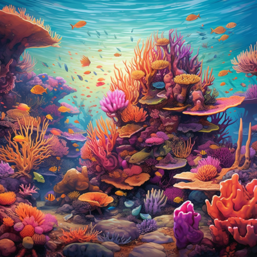 A vibrant underwater scene showcasing a thriving coral reef. Various types of coral in radiant hues of pink, blue, yellow, and purple dominate the foreground. Small, brightly colored fish flit between the coral formations. In the distance, a sea turtle lazily swims by