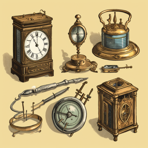 A vintage-style illustration showing a collection of different timekeeping devices throughout history. From left to right, a sundial, an ancient water clock, an hourglass, a mechanical tower clock, a pocket watch, an electric wall clock, and a modern smartwatch are displayed. Each device represents a significant period in the history of timekeeping