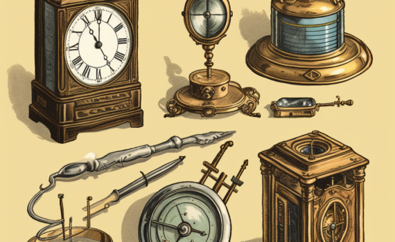 A vintage-style illustration showing a collection of different timekeeping devices throughout history. From left to right, a sundial, an ancient water clock, an hourglass, a mechanical tower clock, a pocket watch, an electric wall clock, and a modern smartwatch are displayed. Each device represents a significant period in the history of timekeeping