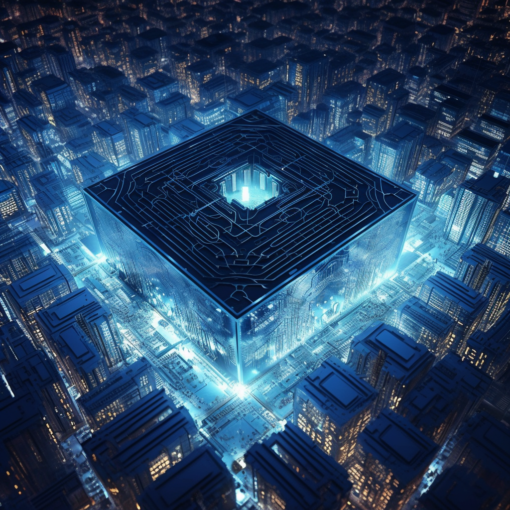 A visually stunning depiction of a quantum computer chip, with an ethereal blue glow emanating from its core. The intricate network of circuits resembles a futuristic cityscape, symbolising the new frontier of technology.