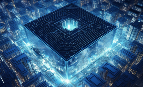 A visually stunning depiction of a quantum computer chip, with an ethereal blue glow emanating from its core. The intricate network of circuits resembles a futuristic cityscape, symbolising the new frontier of technology.
