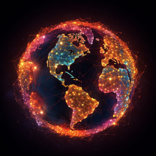 A visually stunning representation of the Internet as a glowing, interconnected web of nodes, spanning the globe. The vibrant strands of connectivity are highlighted against a dark background, capturing the vastness and intricacy of this digital marvel.