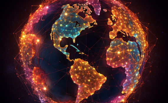 A visually stunning representation of the Internet as a glowing, interconnected web of nodes, spanning the globe. The vibrant strands of connectivity are highlighted against a dark background, capturing the vastness and intricacy of this digital marvel.