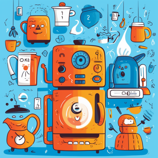 A whimsical illustration showing a variety of everyday items — a coffee maker, a thermostat, a wristwatch, and a toaster — each with a little face and speech bubbles, signifying communication between them. The background is a bright, cheerful blue
