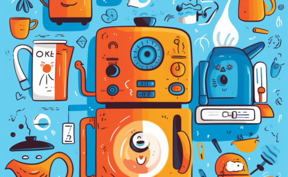 A whimsical illustration showing a variety of everyday items — a coffee maker, a thermostat, a wristwatch, and a toaster — each with a little face and speech bubbles, signifying communication between them. The background is a bright, cheerful blue