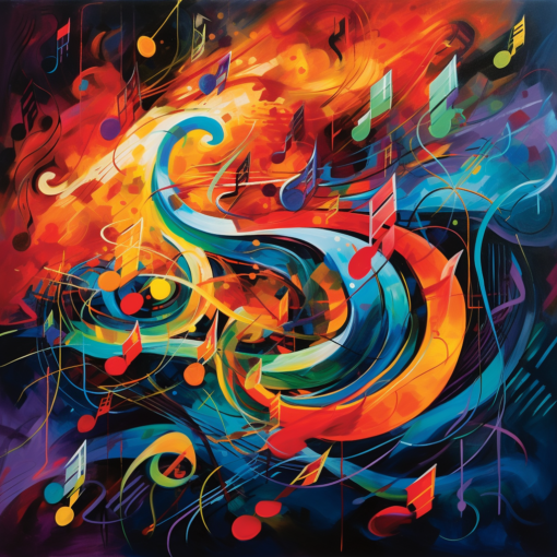 An abstract painting filled with bold and vibrant colors, designed in a way that seems to resemble musical notes floating across a staff. The notes themselves are represented by various colors, each seeming to dance in a rhythm of their own, creating a visual symphony