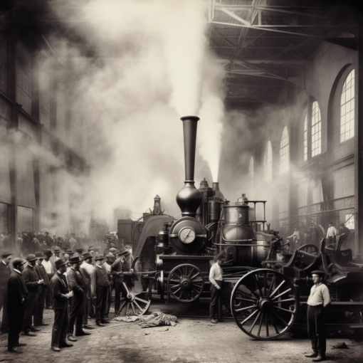 An antique black and white photograph of an industrial factory in the 19th century. A steam engine with rotating wheels and belching smoke is the focal point, with factory workers in period clothing watching it with a mix of awe and apprehension