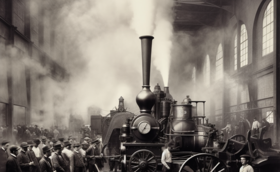 An antique black and white photograph of an industrial factory in the 19th century. A steam engine with rotating wheels and belching smoke is the focal point, with factory workers in period clothing watching it with a mix of awe and apprehension