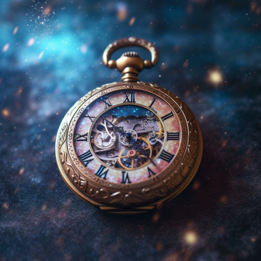 An antique pocket watch against a starry cosmic background. The watch hands are slightly blurred, indicating movement, symbolizing the passage of time against the backdrop of the universe