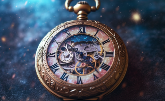 An antique pocket watch against a starry cosmic background. The watch hands are slightly blurred, indicating movement, symbolizing the passage of time against the backdrop of the universe
