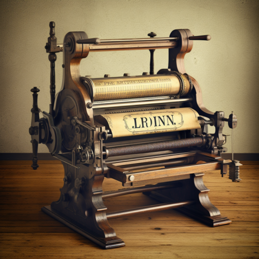 An antique wooden printing press, with a sheet of paper featuring the Lorem Ipsum text in an elegant typeface. This image conveys the historical roots of Lorem Ipsum and its connection to the world of printing and design