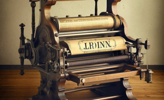 An antique wooden printing press, with a sheet of paper featuring the Lorem Ipsum text in an elegant typeface. This image conveys the historical roots of Lorem Ipsum and its connection to the world of printing and design