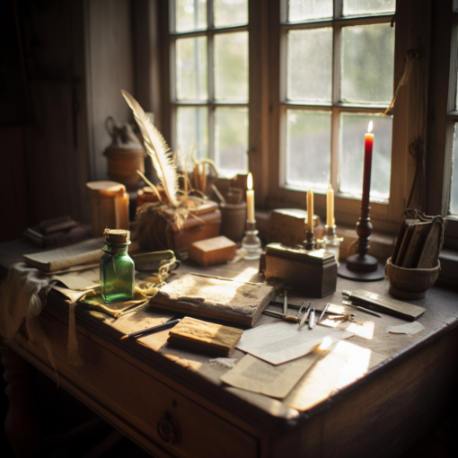 An antique wooden writing desk, bathed in soft light from a nearby window. An inkpot, quill, and parchment paper are neatly arranged, ready for the writer's touch. A pile of weathered, hand-written letters bound by a twine sits nearby, symbolizing the romance and nostalgia of epistolary communication