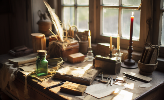 An antique wooden writing desk, bathed in soft light from a nearby window. An inkpot, quill, and parchment paper are neatly arranged, ready for the writer's touch. A pile of weathered, hand-written letters bound by a twine sits nearby, symbolizing the romance and nostalgia of epistolary communication