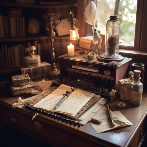 An antique writing desk bathed in soft, natural light. On the desk are a vintage quill, an ink pot, and a pile of aged letters tied with a ribbon. There is an open book to one side, a half-written letter on its pages, encapsulating the romantic and intimate aura of the epistolary novel.