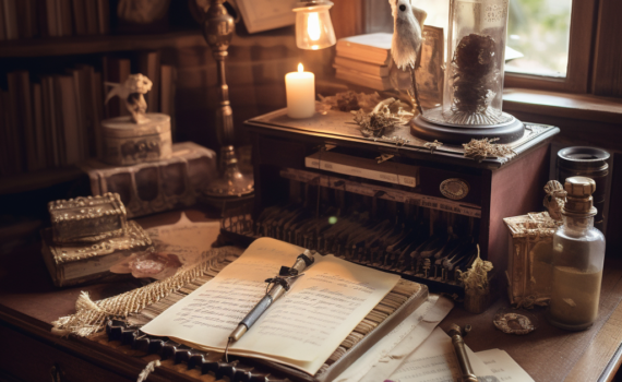 An antique writing desk bathed in soft, natural light. On the desk are a vintage quill, an ink pot, and a pile of aged letters tied with a ribbon. There is an open book to one side, a half-written letter on its pages, encapsulating the romantic and intimate aura of the epistolary novel.