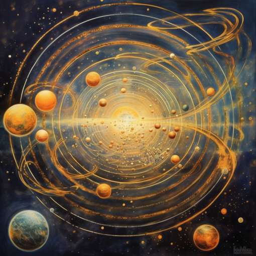 An artistic representation of our solar system, with the planets orbiting the sun in concentric paths. Subtle waves along the paths symbolize the rhythmic, resonant dance of the planets