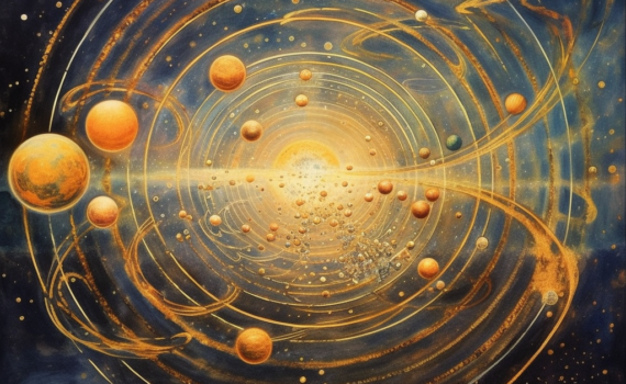 An artistic representation of our solar system, with the planets orbiting the sun in concentric paths. Subtle waves along the paths symbolize the rhythmic, resonant dance of the planets