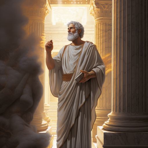 An artistically designed image of Aristotle, standing before the pillars of an ancient Greek temple. He is depicted holding a scroll, symbolic of wisdom and knowledge. Light rays emanate from the sky above, illuminating Aristotle and giving the scene a serene, contemplative atmosphere