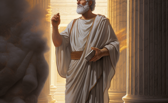 An artistically designed image of Aristotle, standing before the pillars of an ancient Greek temple. He is depicted holding a scroll, symbolic of wisdom and knowledge. Light rays emanate from the sky above, illuminating Aristotle and giving the scene a serene, contemplative atmosphere