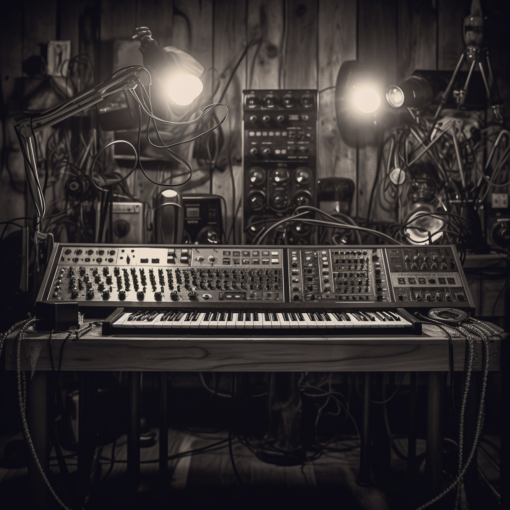 An atmospheric black and white image of a vintage synthesizer, its knobs and dials softly illuminated. In the background, a pair of headphones rests on a table, the wire gently looping in the dim light, suggesting an intimate space of creation and exploration