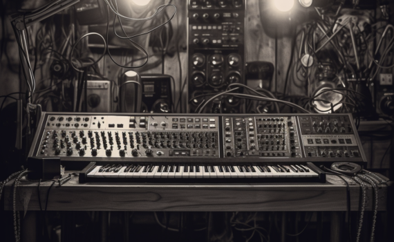 An atmospheric black and white image of a vintage synthesizer, its knobs and dials softly illuminated. In the background, a pair of headphones rests on a table, the wire gently looping in the dim light, suggesting an intimate space of creation and exploration