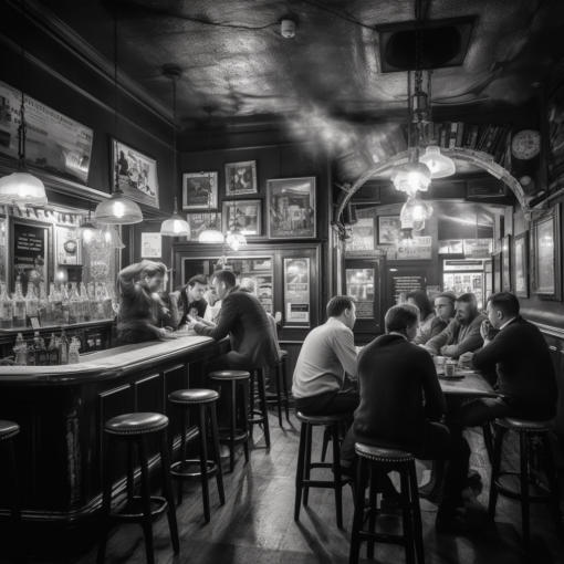 An evocative black and white photograph of a classic British pub, filled with patrons engaged in animated conversation. A sign hanging above the bar reads "Keep Calm and Carry On," a symbol of British resilience and humour. Amidst the pub's soft lighting and vintage