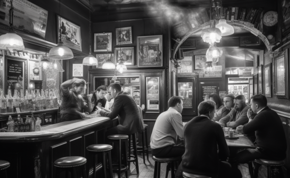 An evocative black and white photograph of a classic British pub, filled with patrons engaged in animated conversation. A sign hanging above the bar reads "Keep Calm and Carry On," a symbol of British resilience and humour. Amidst the pub's soft lighting and vintage