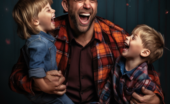 An image of a dad, in a stereotypical dad attire with a plaid shirt and a cap, laughing heartily as he shares a joke with his kids. The kids are rolling their eyes, but they are smiling too, clearly enjoying the shared moment of levity