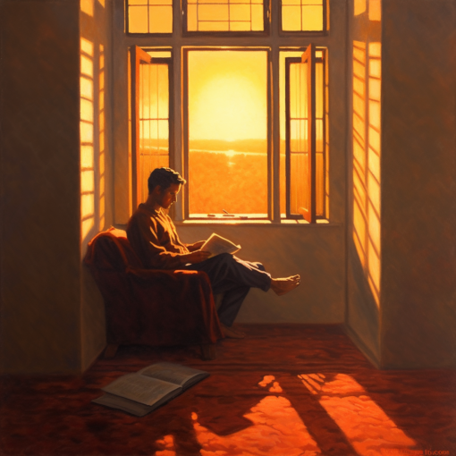 An image of a lone figure sitting by a window, engrossed in a book. Outside the window, the world is blanketed in the soft glow of the setting sun, painting the sky in hues of orange and red. The image encapsulates the serenity and peace of solitude