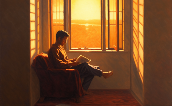 An image of a lone figure sitting by a window, engrossed in a book. Outside the window, the world is blanketed in the soft glow of the setting sun, painting the sky in hues of orange and red. The image encapsulates the serenity and peace of solitude