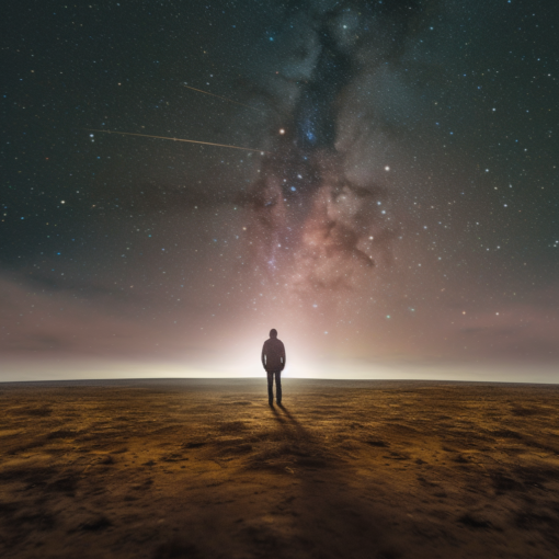 An image of a solitary figure standing at the edge of a vast, empty landscape, looking up at the star-studded sky. This captures the introspective essence of existentialism, the solitude of existence, and the vastness of the existential questions we grapple with.