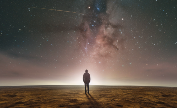 An image of a solitary figure standing at the edge of a vast, empty landscape, looking up at the star-studded sky. This captures the introspective essence of existentialism, the solitude of existence, and the vastness of the existential questions we grapple with.