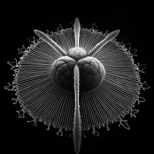 An intricately detailed, black and white electron microscope image of a diatom. Its delicate, glass-like structure shines against the dark background, capturing the essence of beauty in the microscopic world.