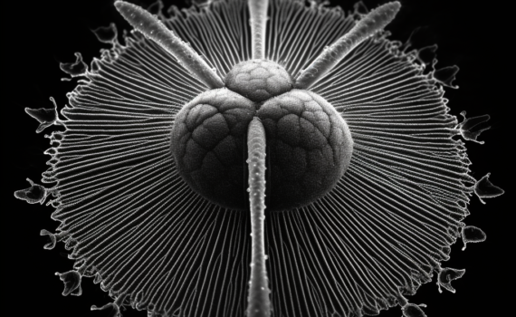 An intricately detailed, black and white electron microscope image of a diatom. Its delicate, glass-like structure shines against the dark background, capturing the essence of beauty in the microscopic world.