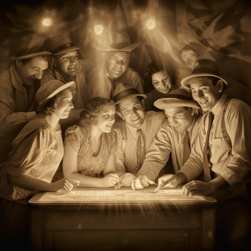An old, sepia-toned photograph lies on a wooden table. A soft beam of light illuminates the photo, revealing a group of people in vintage attire, their faces glowing with joy. The image captures the essence of nostalgia, of moments frozen in time, a poignant reminder of days long past