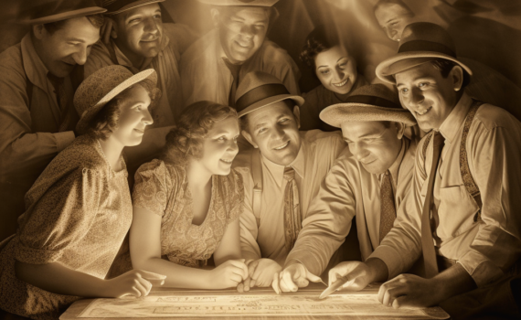 An old, sepia-toned photograph lies on a wooden table. A soft beam of light illuminates the photo, revealing a group of people in vintage attire, their faces glowing with joy. The image captures the essence of nostalgia, of moments frozen in time, a poignant reminder of days long past