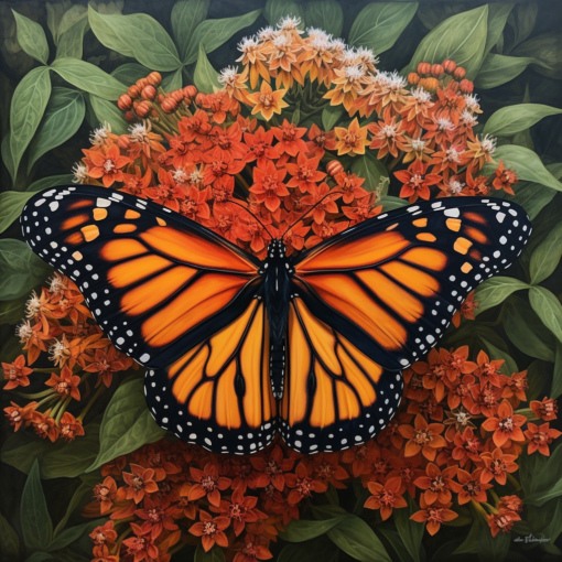 The image is a breathtaking capture of a Monarch butterfly resting on a vibrant milkweed flower, its iconic orange and black wings spread in full display. The backdrop is a verdant field, a hint of the expansive journey the delicate creature undertakes