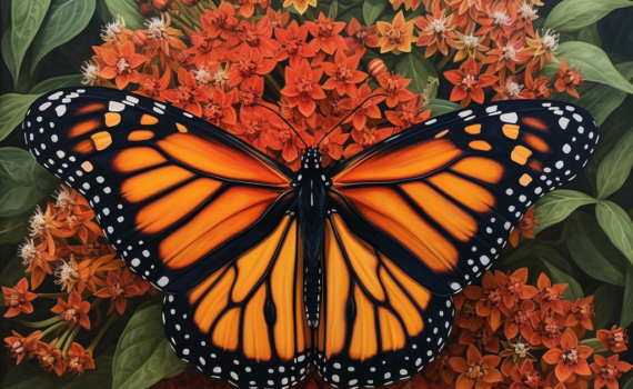 The image is a breathtaking capture of a Monarch butterfly resting on a vibrant milkweed flower, its iconic orange and black wings spread in full display. The backdrop is a verdant field, a hint of the expansive journey the delicate creature undertakes