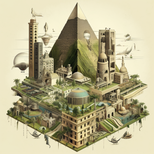 The image is an amalgamation of iconic architecture from different periods. The Egyptian pyramids, the Parthenon, a gothic cathedral, a Bauhaus structure, and a modern green building are seamlessly blended together, representing the journey of architectural styles through time