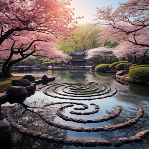 A serene image of an ancient Chinese garden with a calm pond reflecting the blossoming cherry trees. A winding stone pathway leads the viewer through the garden, symbolizing the Tao. In the foreground, a small stone statue holds a yin-yang symbol, embodying the balance in nature