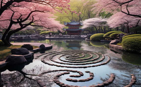 A serene image of an ancient Chinese garden with a calm pond reflecting the blossoming cherry trees. A winding stone pathway leads the viewer through the garden, symbolizing the Tao. In the foreground, a small stone statue holds a yin-yang symbol, embodying the balance in nature