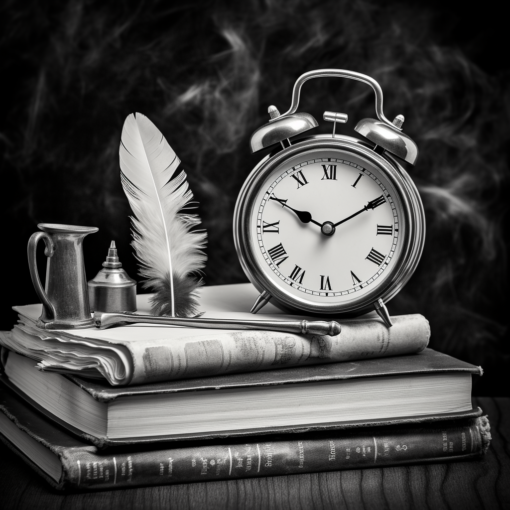 A black and white image of a classic, antiquated alarm clock sitting on a wooden desk, with several stacks of paper and a vintage quill pen nearby. The scene encapsulates the essence of delay and procrastination, while evoking a sense of the urgent passage of time